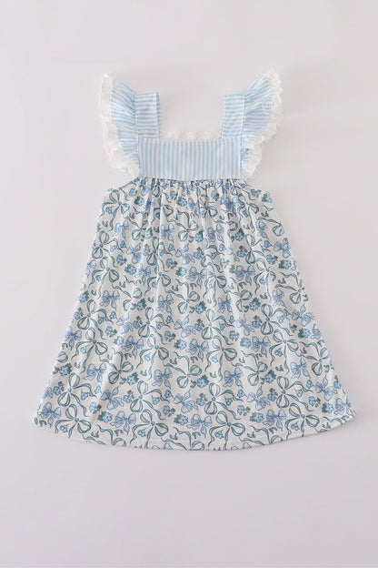 Blue bow & lace print ruffle dress