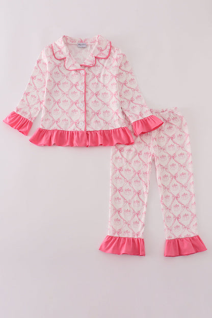 Pink bow tie pumpkin print ruffle pajamas set