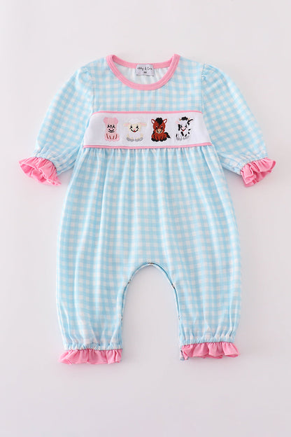 Blue farm embroidery gingham ruffle romper