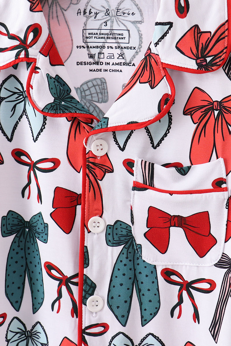 Red bow bamboo girl pajamas pants set