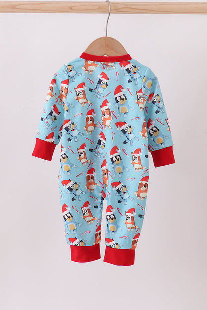 Blue christmas character print ruffle romper