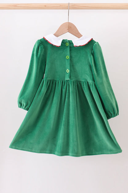Green christmas tree applique velvet dress
