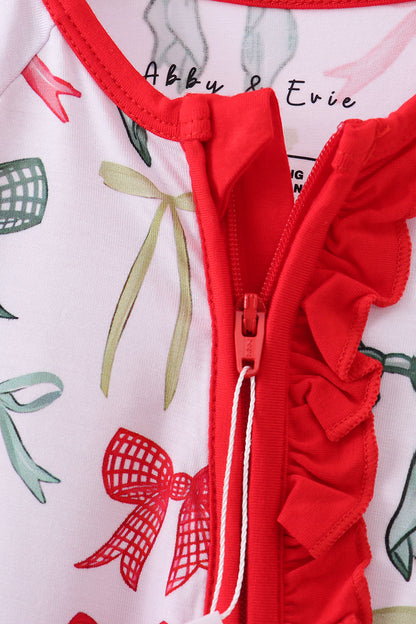 Red bow bamboo pajamas zipper romper