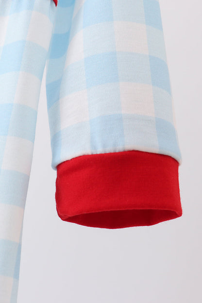 Blue gingerbread house embroidery gingham romper