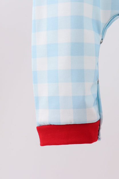 Blue gingerbread house embroidery gingham romper