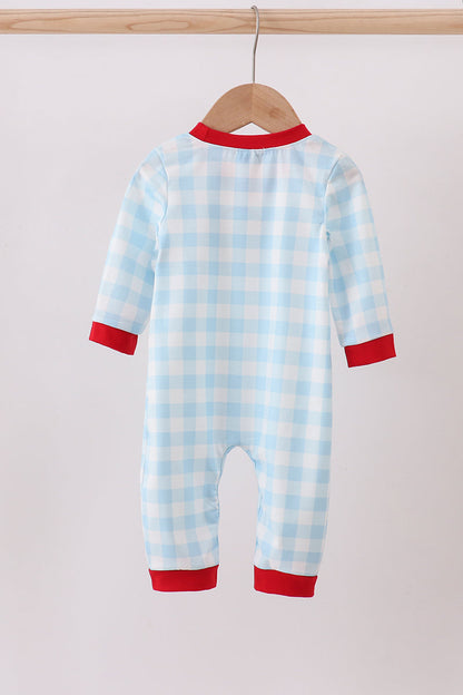 Blue gingerbread house embroidery gingham romper