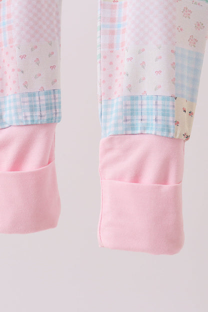 Pink floral checkered bamboo pajamas zipper romper