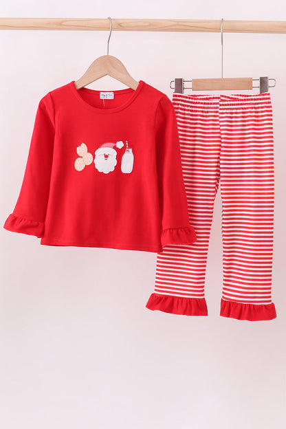 Red santa claus biscuit milk applique ruffle stripe pants set