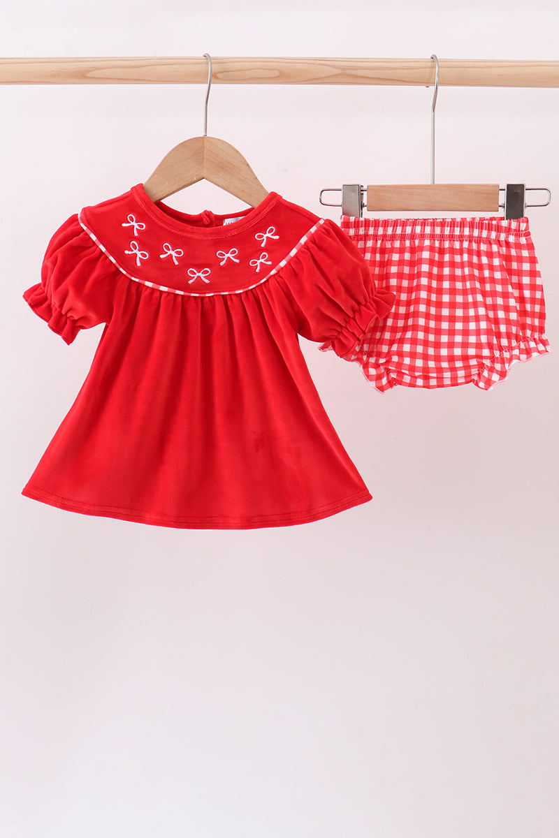 Red bow embroidery velvet bloomer set