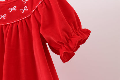 Red bow embroidery velvet dress