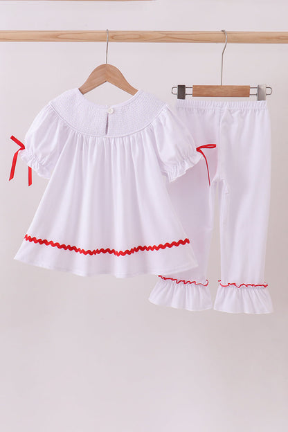 White santa claus smocked ruffle pants set