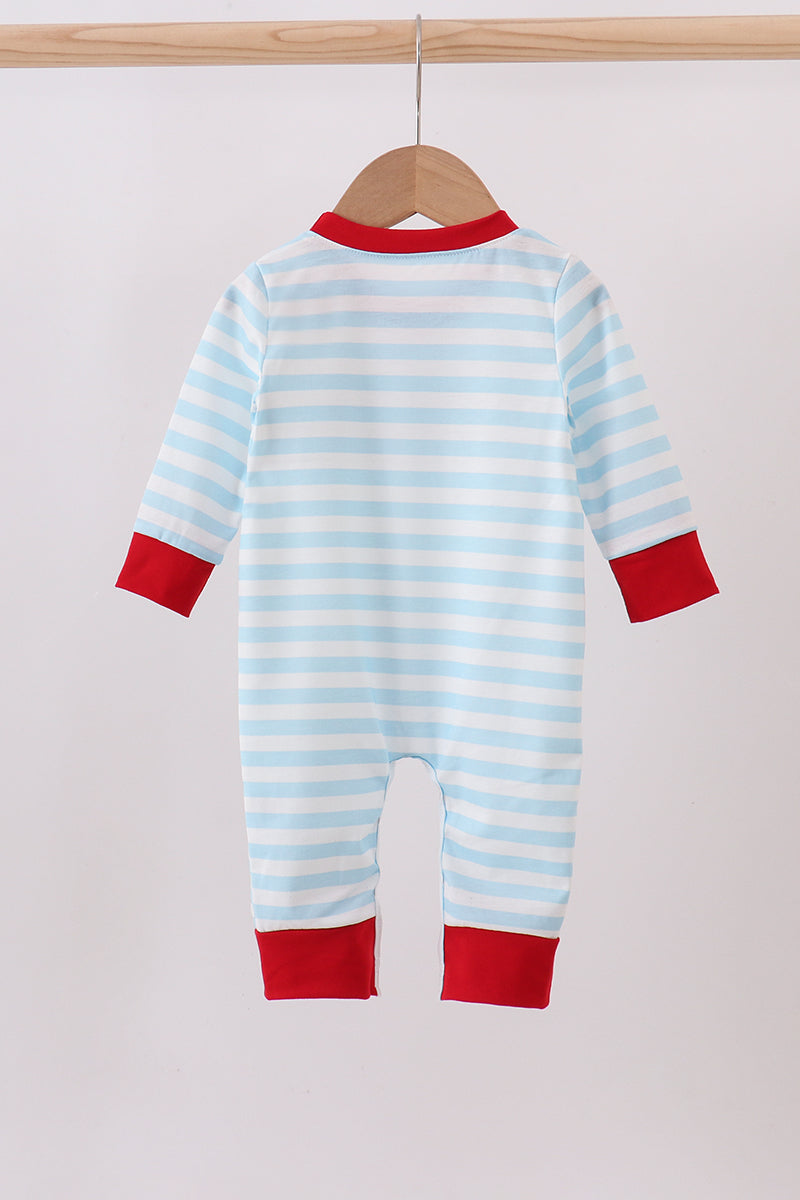 Blue character embroidery stripe romper