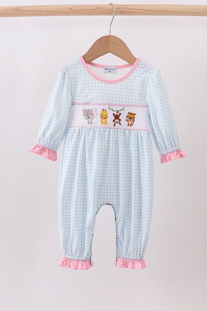 Blue animal smocked ruffle romper