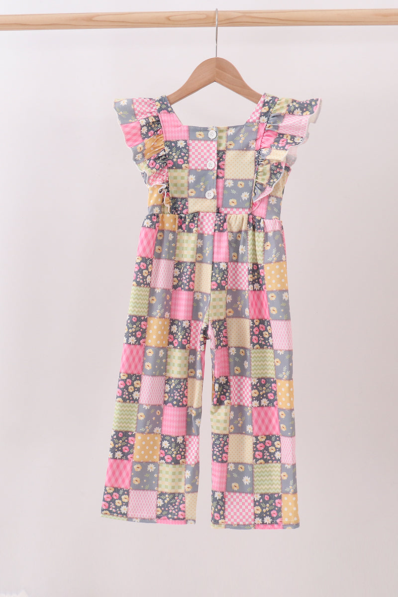 Yellow floral checkered ruffle jumpsuit