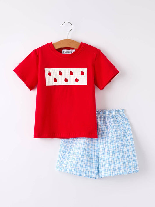 Boys Back to School Apple Smock Embroidered Plaid Set: 4
